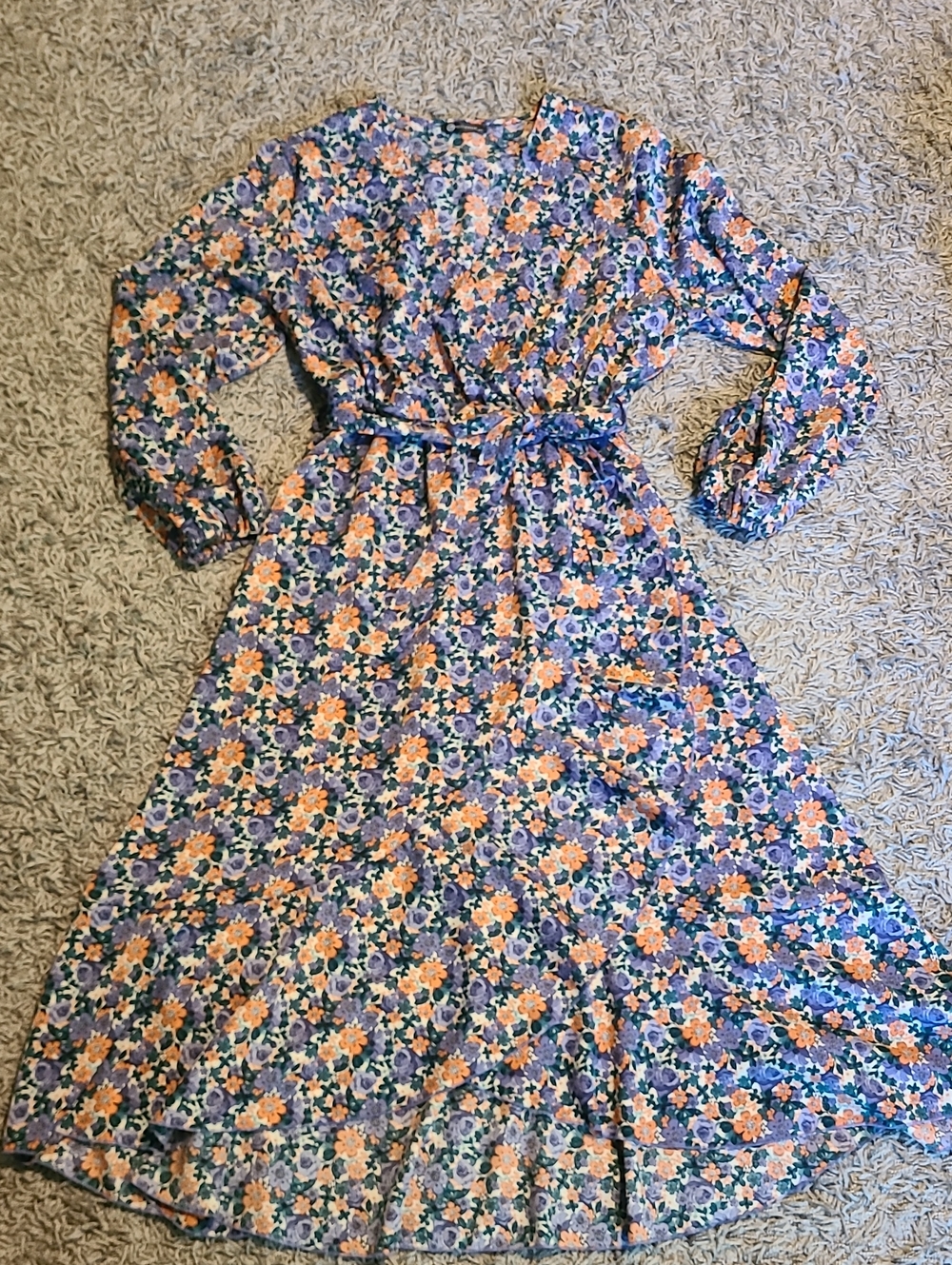 Blue Floral Dress with Orange Floral Print and Self-Tie Waist